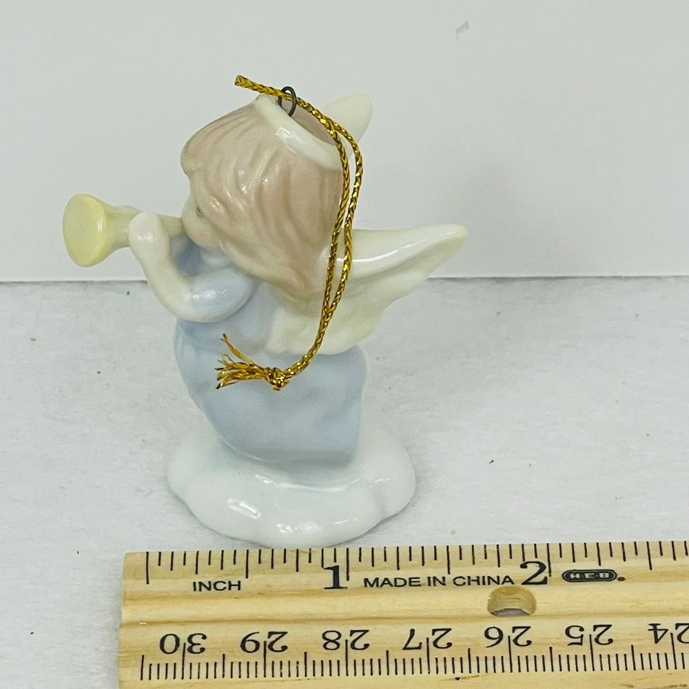 Precious Moments Angel Playing Trumpet Porcelain Christmas Ornament Blue Gown